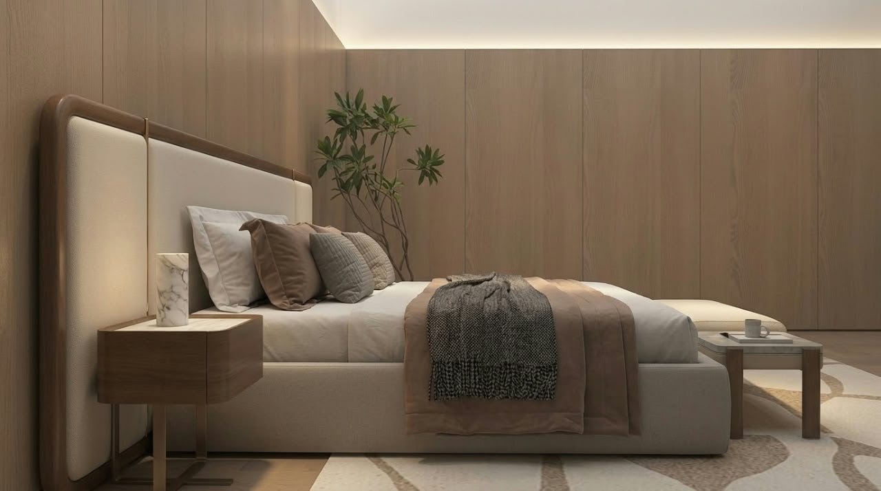 Cama Verona: Espaldar Tapizado y Marco Curvo en Madera Flor Morado - Image 2