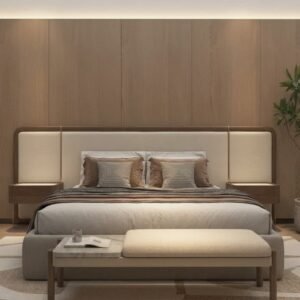 Cama Verona: Espaldar Tapizado y Marco Curvo en Madera Flor Morado
