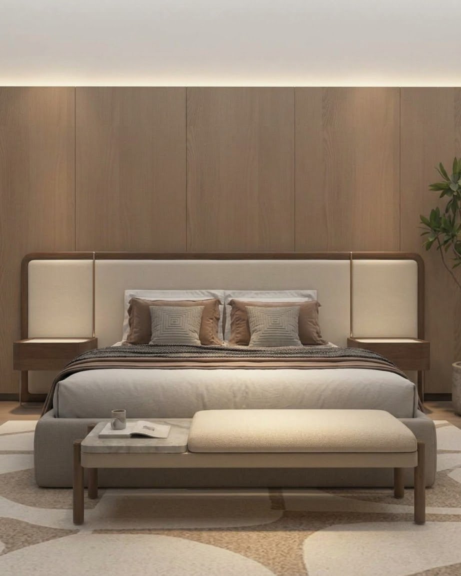 Cama Verona: Espaldar Tapizado y Marco Curvo en Madera Flor Morado